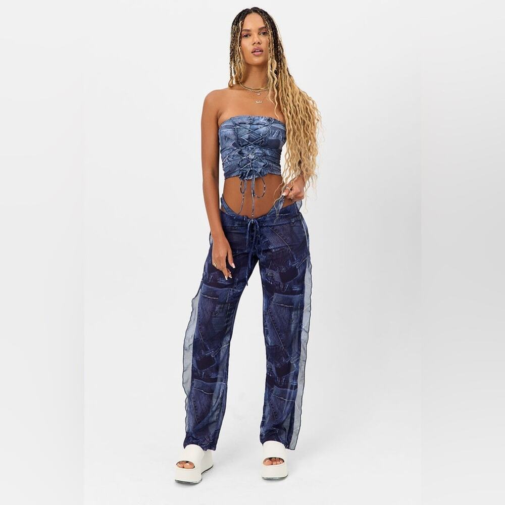 NWOT Frankies Bikinis Women's Blue Patchwork Print Sheer Mesh Pants Size S b36